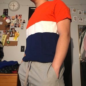 orange, blue, and white, t-shirt